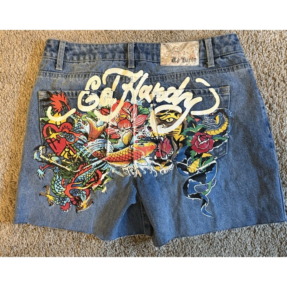 Ed Hardy Tiger Koi Snake Graphic Denim Jean Shorts Women’s Size 28